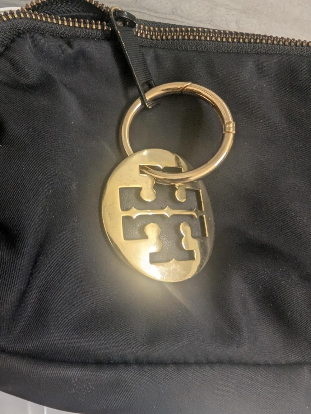 Tory Burch Black Nylon Key & Card Holder with Gold Logo Ring